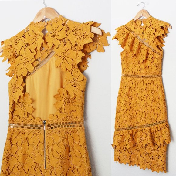 NEW SAYLOR Reine Mustard Yellow Sheath Midi Dress XS Lace Open Back Ruffle  $264 - Picture 13 of 15